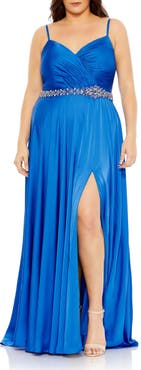 Mac Duggal Beaded Belt Faux Wrap A Line Gown