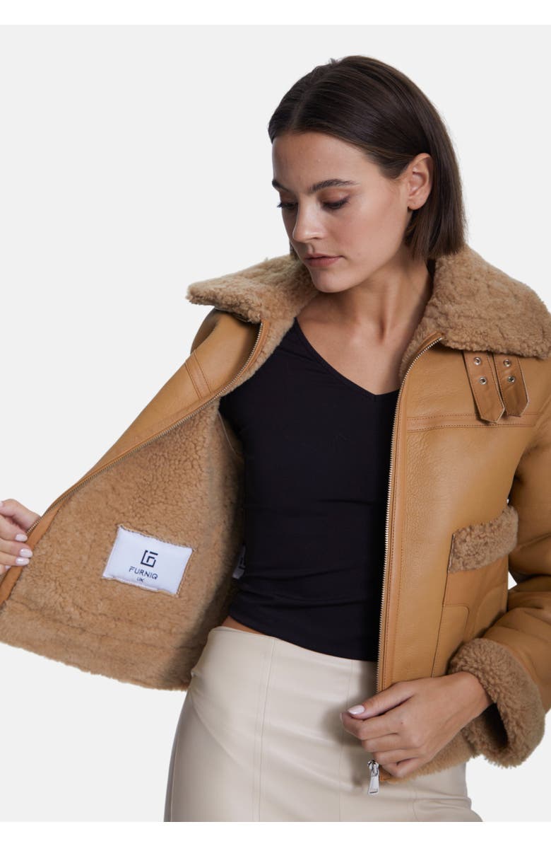 Furniq UK Ophelia Leather Shearling Jacket, Alternate, color, Beige