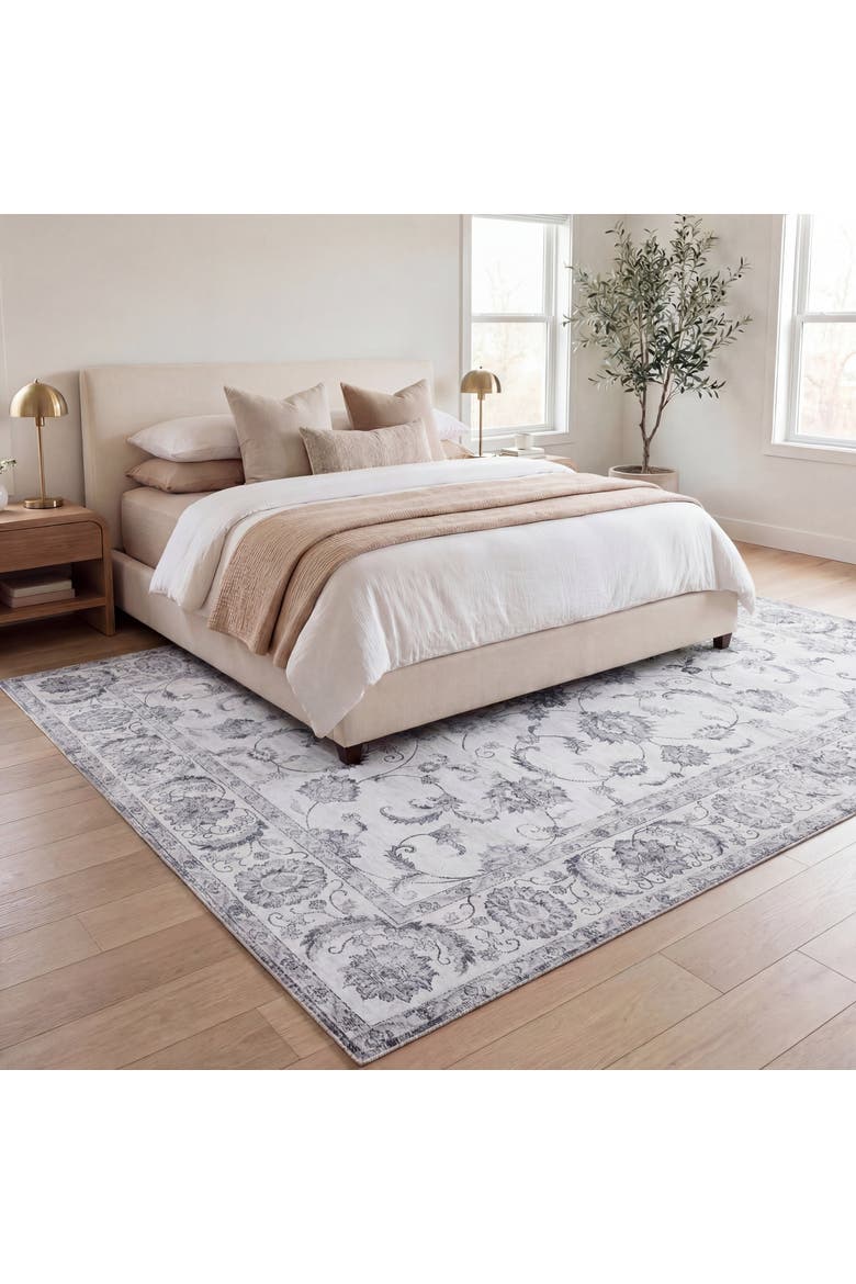 Arabella Vintage Floral Border Non-Slip Machine-Washable Beige/Cream 9 ft. x 12 ft. Area Rug, Alternate, color, Ivory/Gray