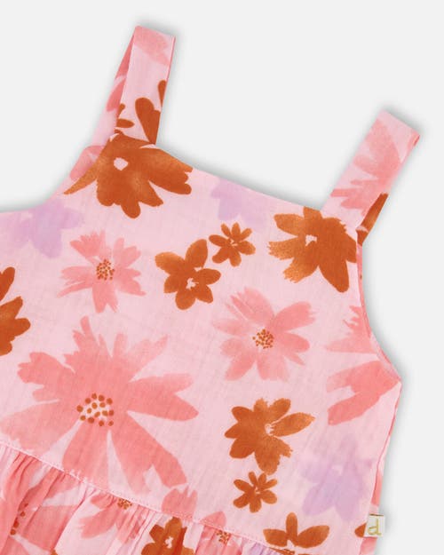 Deux Par Deux Girl's Printed Tank Top And Short Muslin Set With Frills Pink And Coral Flowers In Pink And Coral Flowers