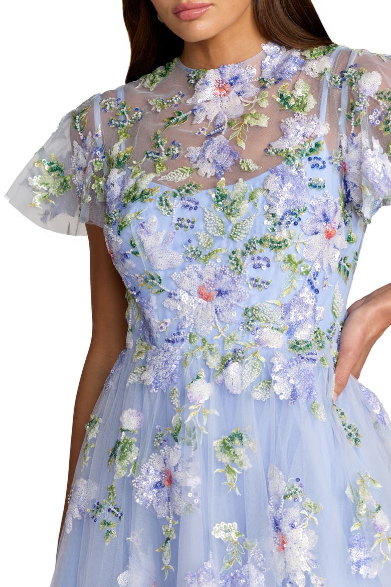 Flutter Sleeve Embroidered A-Line Midi Dress, Alternate, color, Blue Multi