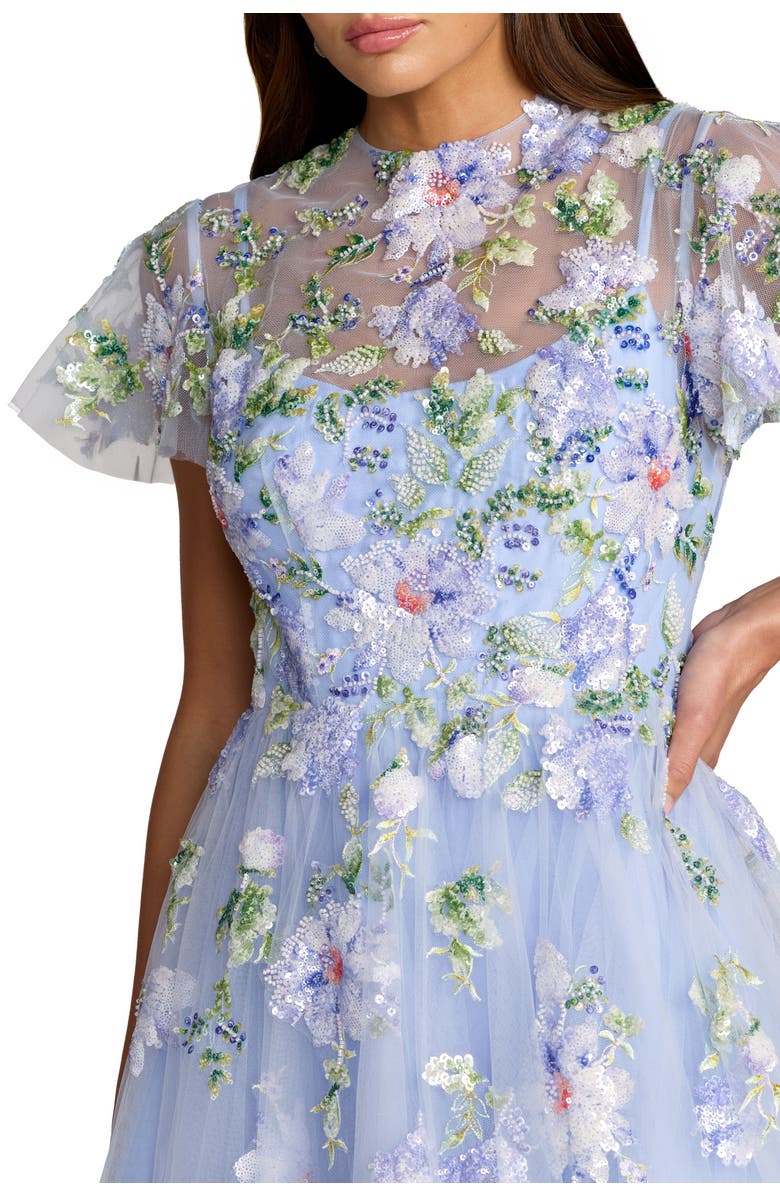 Mac Duggal Flutter Sleeve Embroidered A-Line Midi Dress, Alternate, color, Blue Multi