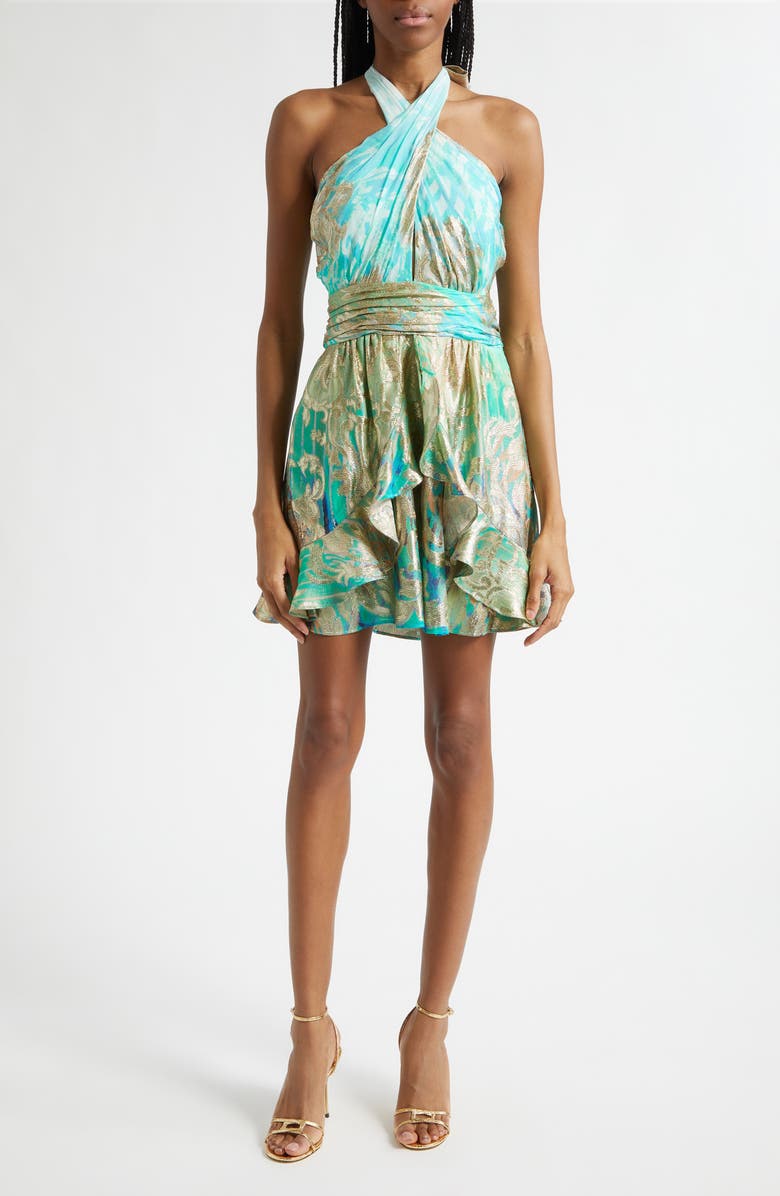 Ramy Brook Ombré Reuben Metallic Halter Neck Dress, Main, color, Bright Lime Ombre