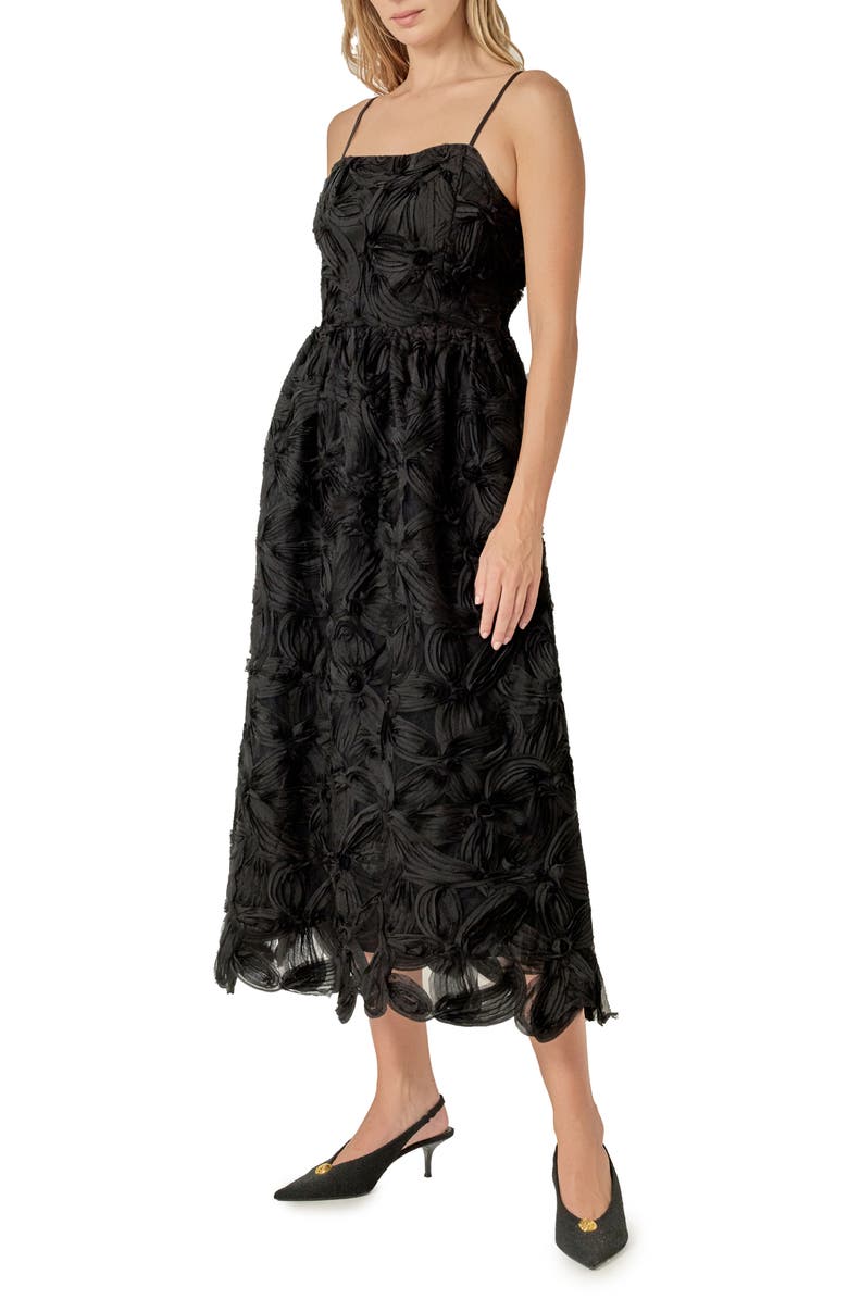 English Factory Floral Soutache Midi Dress, Alternate, color, Black
