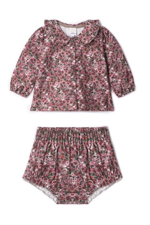 Flower Print Lace 2-Piece Set - Baby Girl Long Sleeve Top and Lace-Trim Bottom