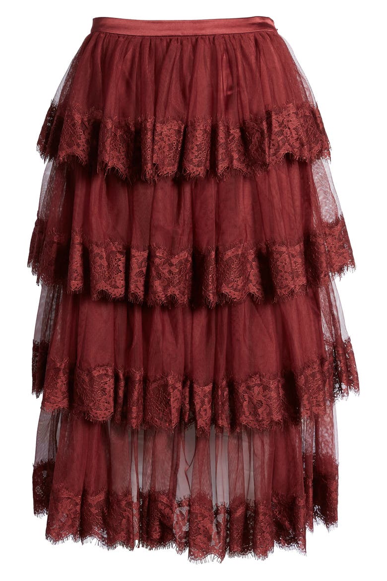 Lace Trim Tiered Mesh Skirt, Alternate, color, RED GRAPE