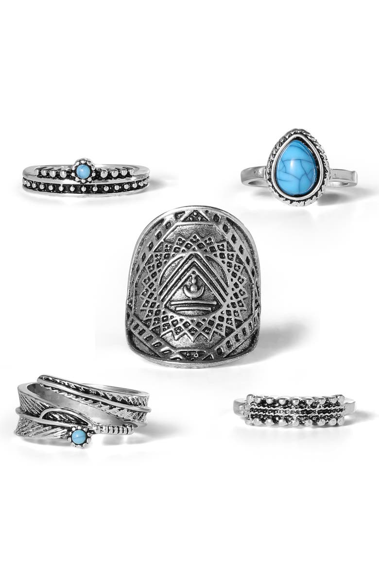 Jessica Simpson 5-Piece Mixed Silver-Tone Ring Set, Alternate, color, Silver