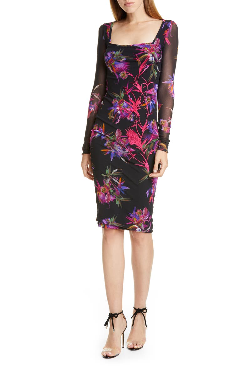 Floral Embroidered Long Sleeve Dress, Main, color, NERO