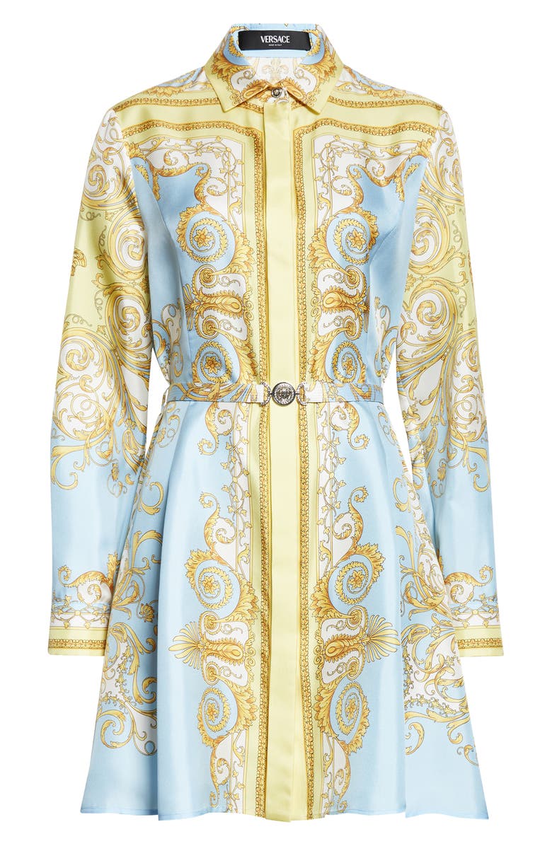 Versace Barocco Print Belted Long Sleeve Silk Shirtdress, Alternate, color, Pale Yellow Pastel Blue