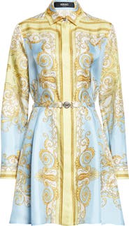 Versace Barocco Print Belted Long Sleeve Silk Shirtdress