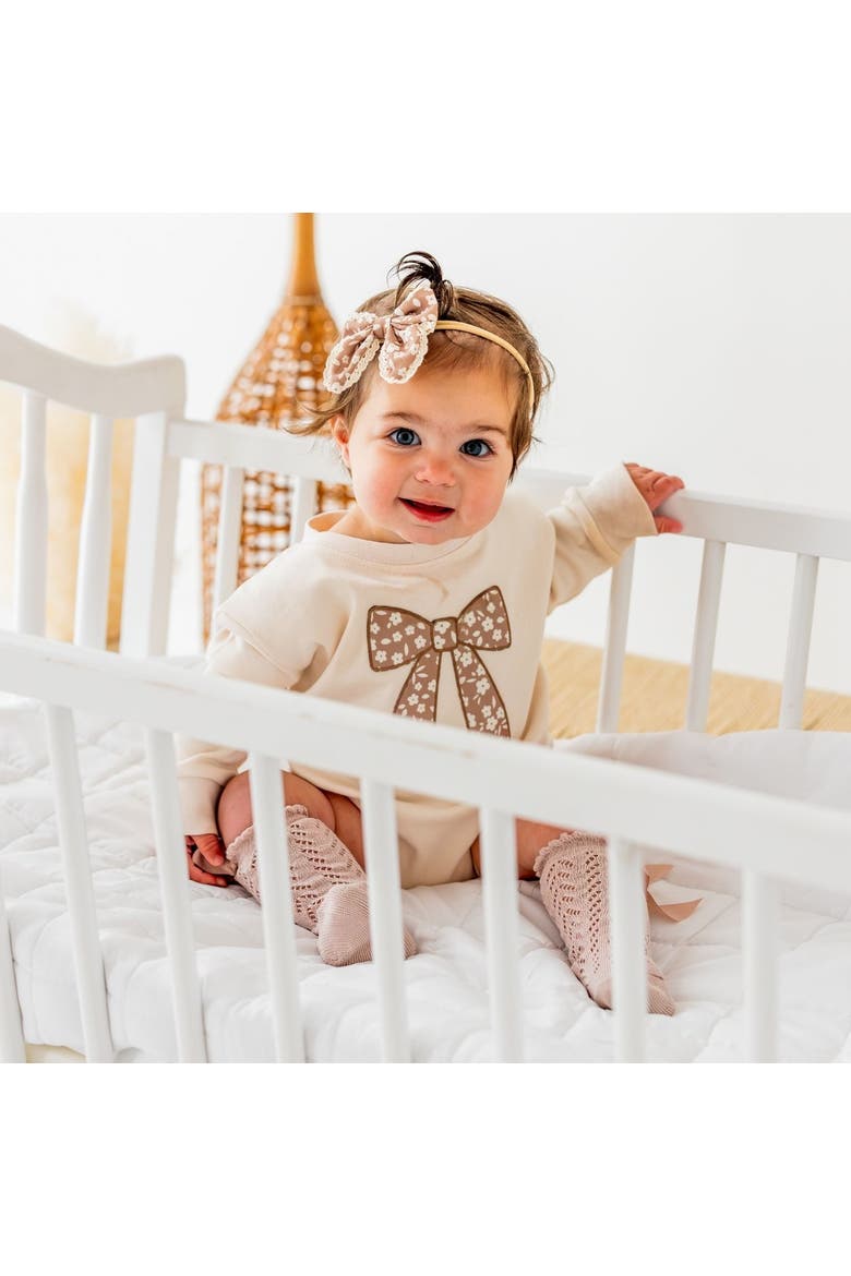 Mocha Floral Bow Patch Long Sleeve Romper, Alternate, color, Natural Heather