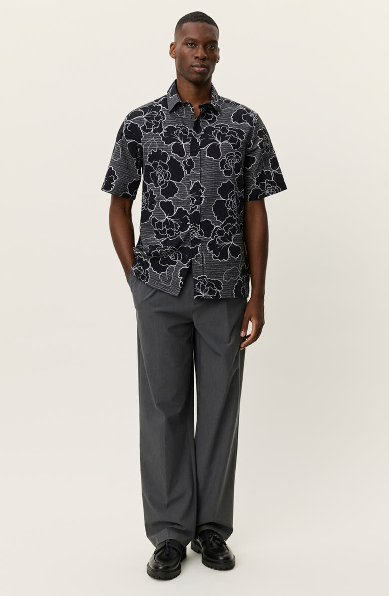 Les Deux Charlie Poppy Pattern Short Sleeve Knit Cotton Blend Button-Up Shirt, Alternate, color, Black