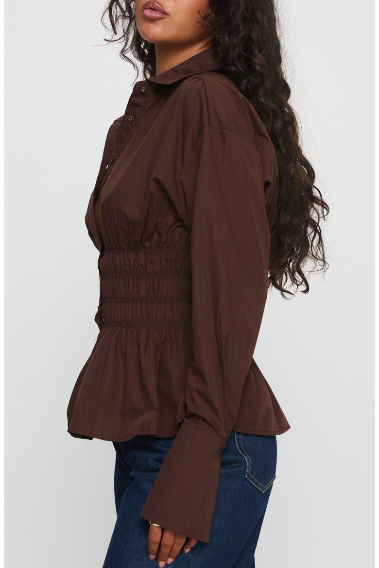 As You Are Shirred Button-Up Shirt, Alternate, color, CHOCOLATE