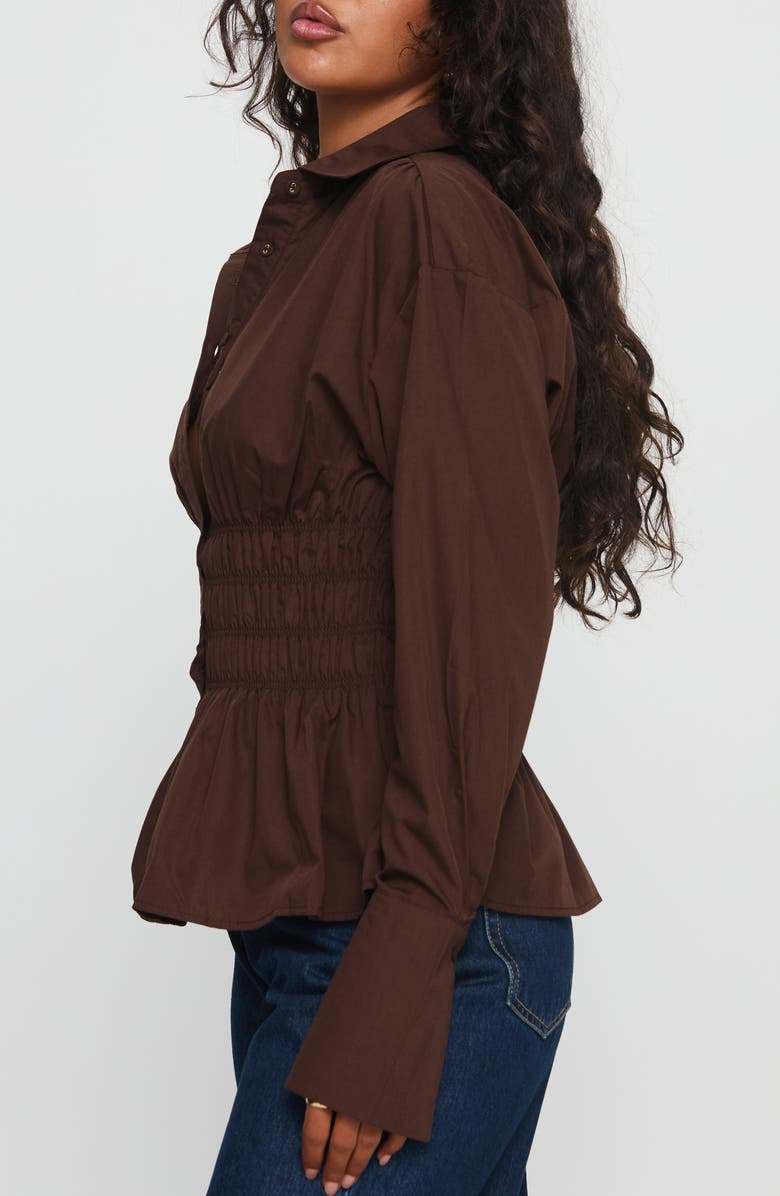 Princess Polly As You Are Shirred Button-Up Shirt, Alternate, color, Chocolate