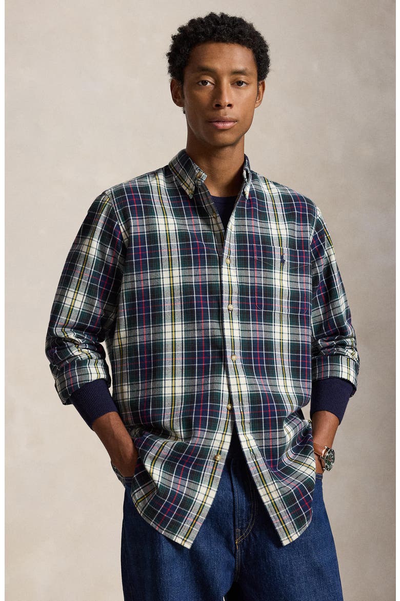 Plaid Brushed Oxford Button Down Shirt, Alternate, color, NAVY/ GRN
