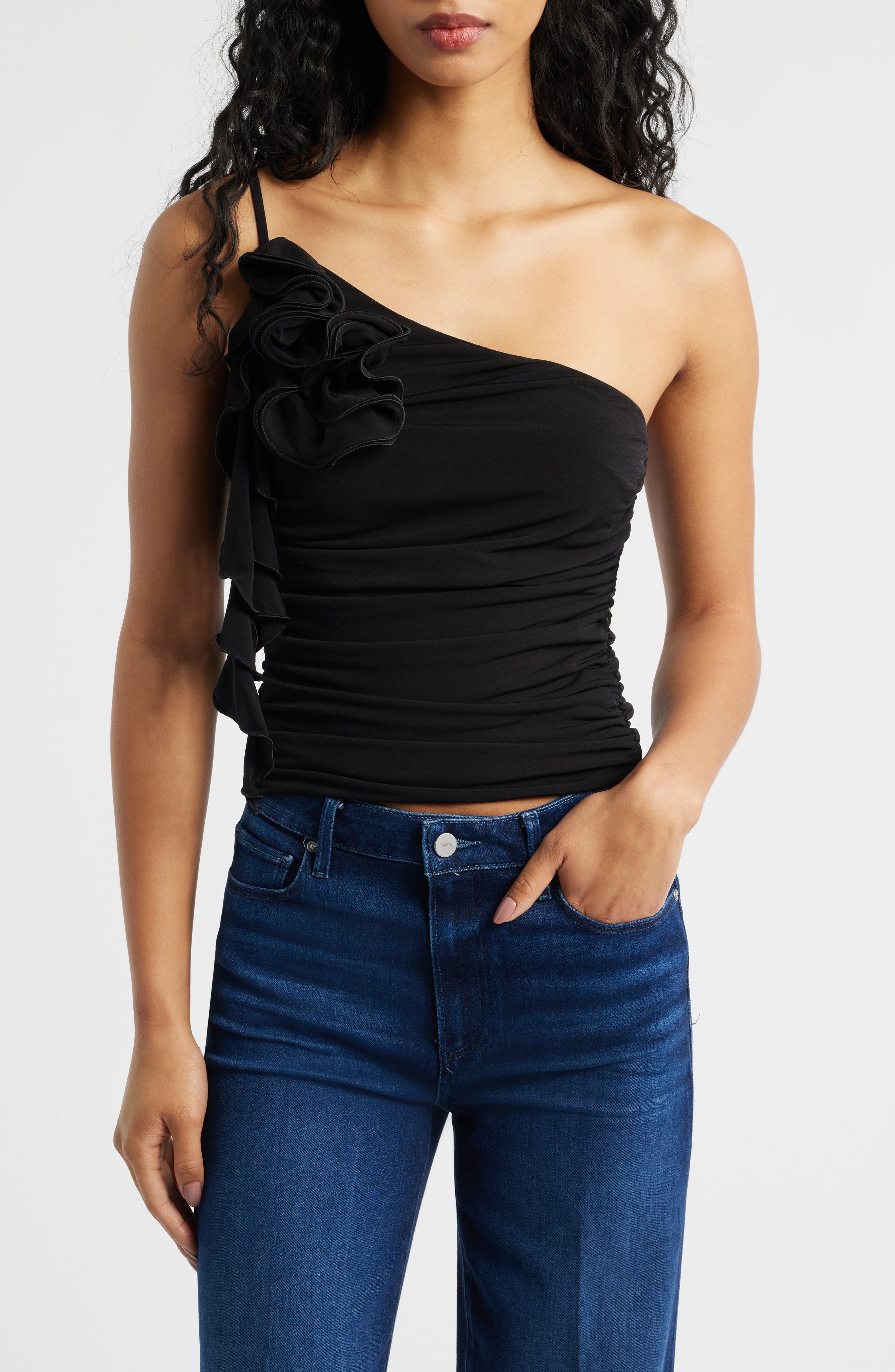 MANGO Ruched Asymmetrical One-Shoulder Top with Ruffle Trim
