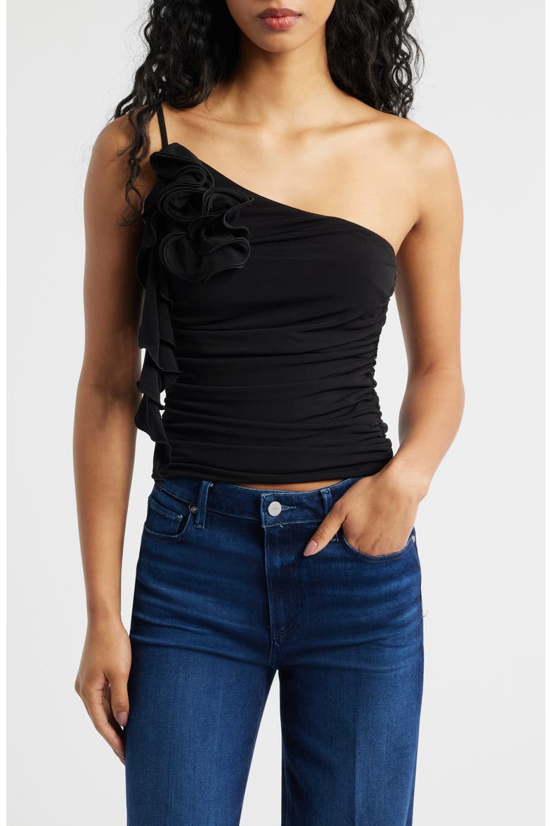 Ruched Asymmetrical One-Shoulder Top with Ruffle Trim, Main, color, BLACK