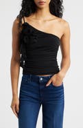 MANGO Ruched Asymmetrical One-Shoulder Top with Ruffle Trim
