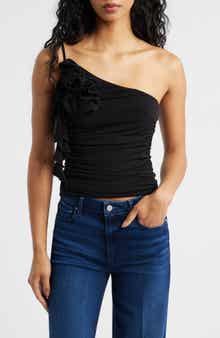 MANGO Ruched Asymmetrical One-Shoulder Top with Ruffle Trim