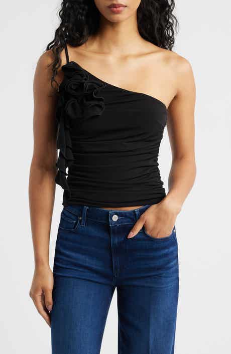 MANGO Ruched Asymmetrical One-Shoulder Top with Ruffle Trim