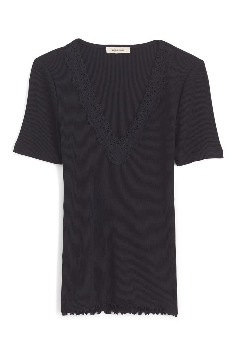 Lace Trim V-Neck Rib Top, Alternate, color, JET BLACK