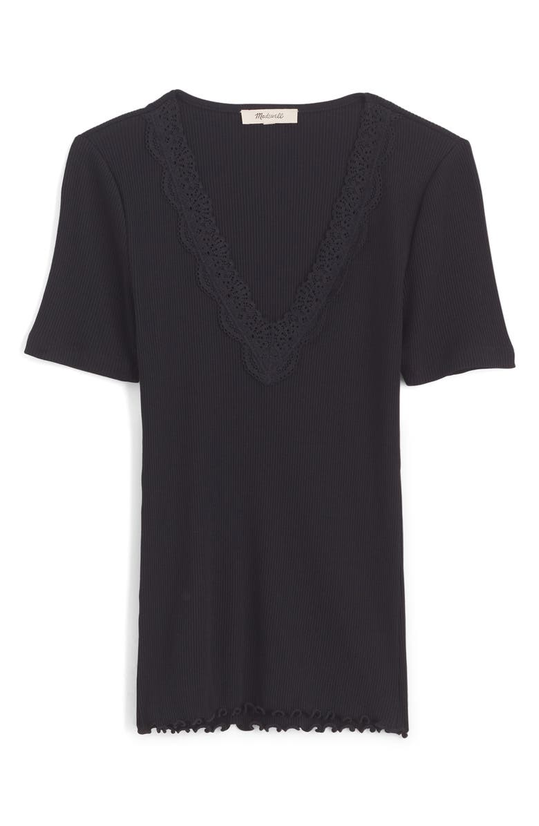 Madewell Lace Trim V-Neck Rib Top, Main, color, Jet Black