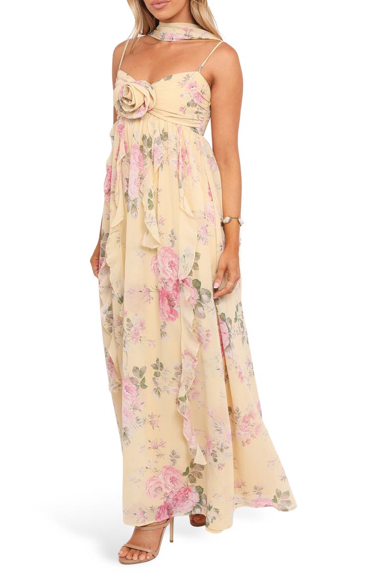 Tully Floral Rosette Maxi Dress with Removable Scarf, Alternate, color, YELLOW FLORAL
