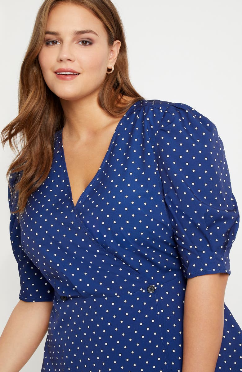 ELOQUII Polka Dot Puff Sleeve Peplum Top, Alternate, color,