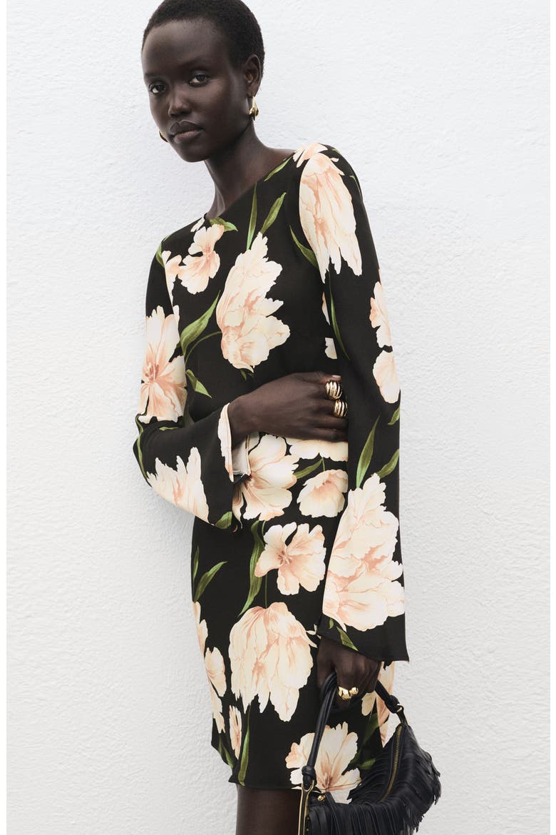 Floral Long Sleeve Minidress, Alternate, color, BLACK
