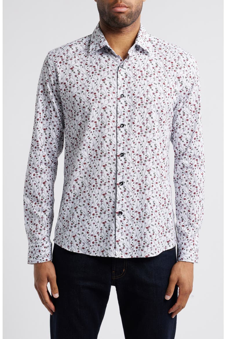 Flower Garden Print Button-Up Shirt, Main, color, BERRY