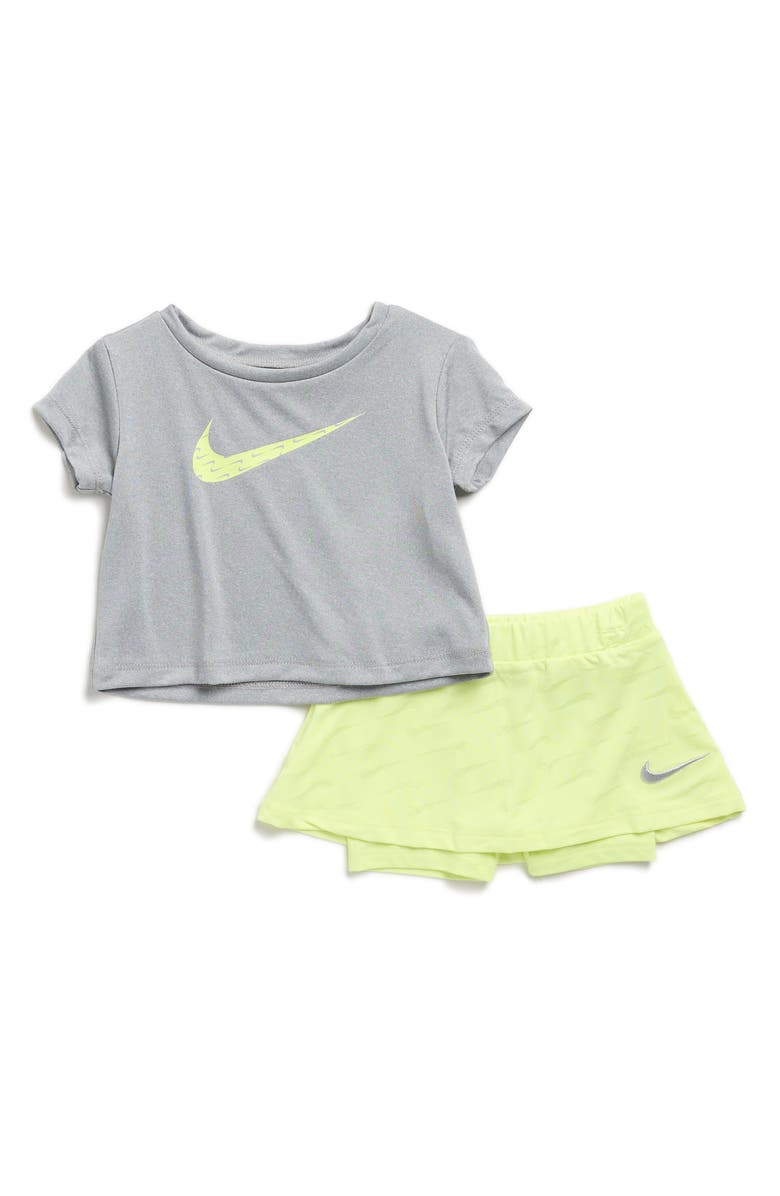 Nike Swoosh Motion T-Shirt & Mesh Scooter Skirted Shorts Set, Main, color, Nike Light Lemon Twist