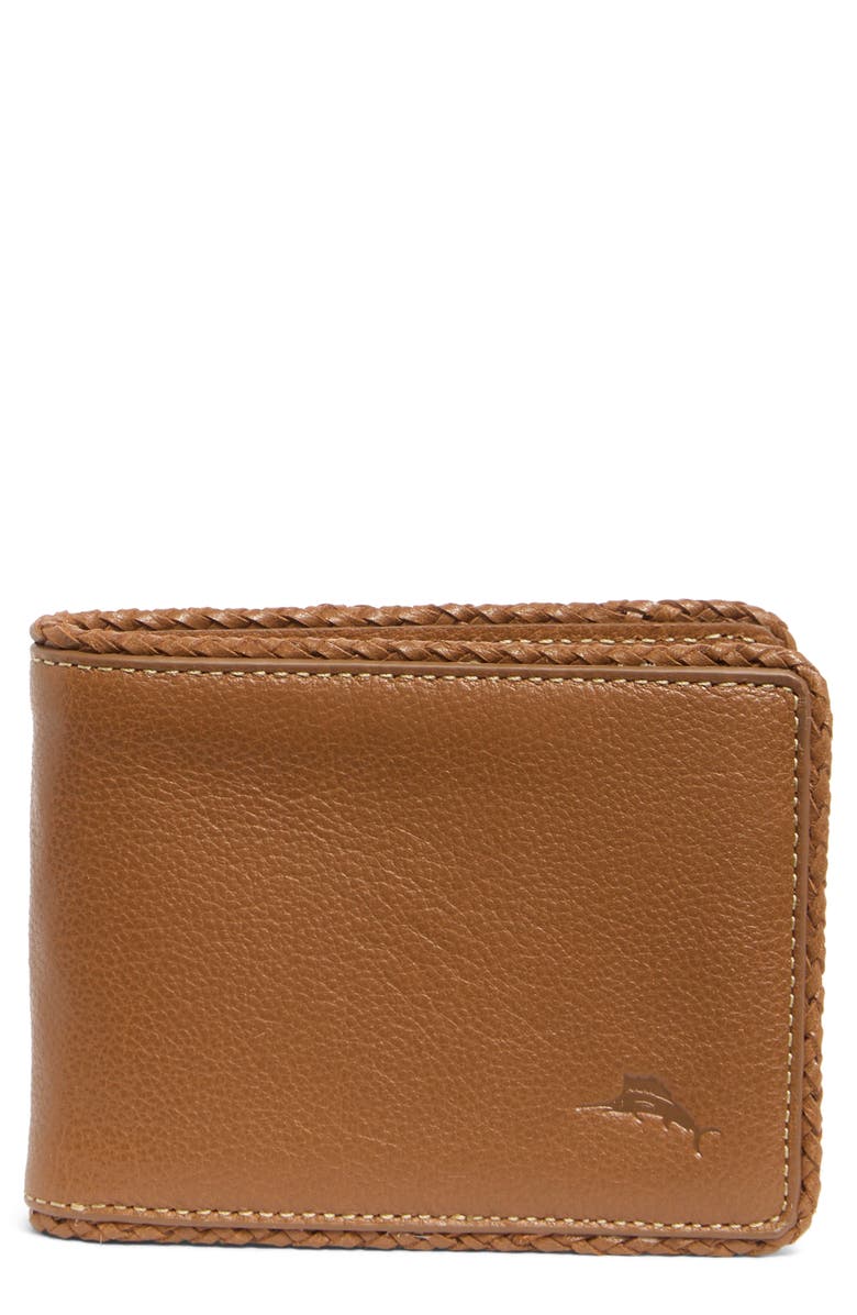 Tommy Bahama Braided Edge Leather Slimfold Wallet, Main, color, Tan