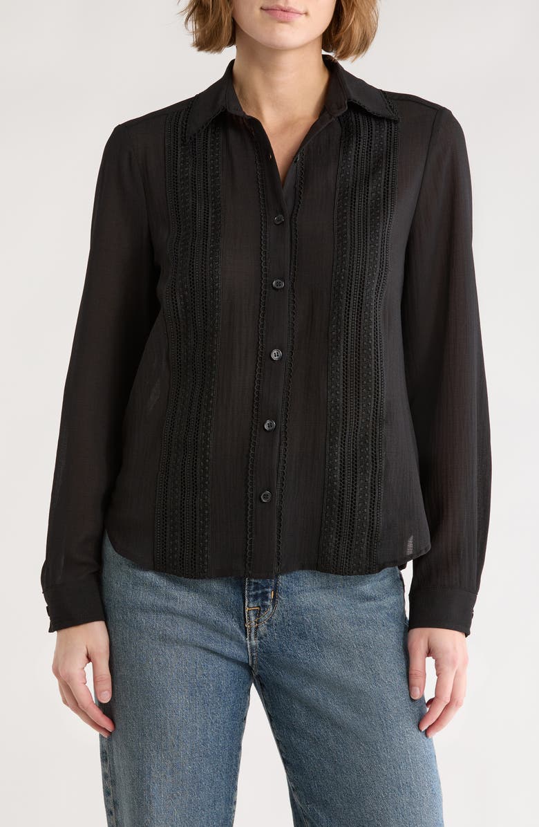 MAX STUDIO Embroidered Pleated Button-Up Shirt, Main, color, Black