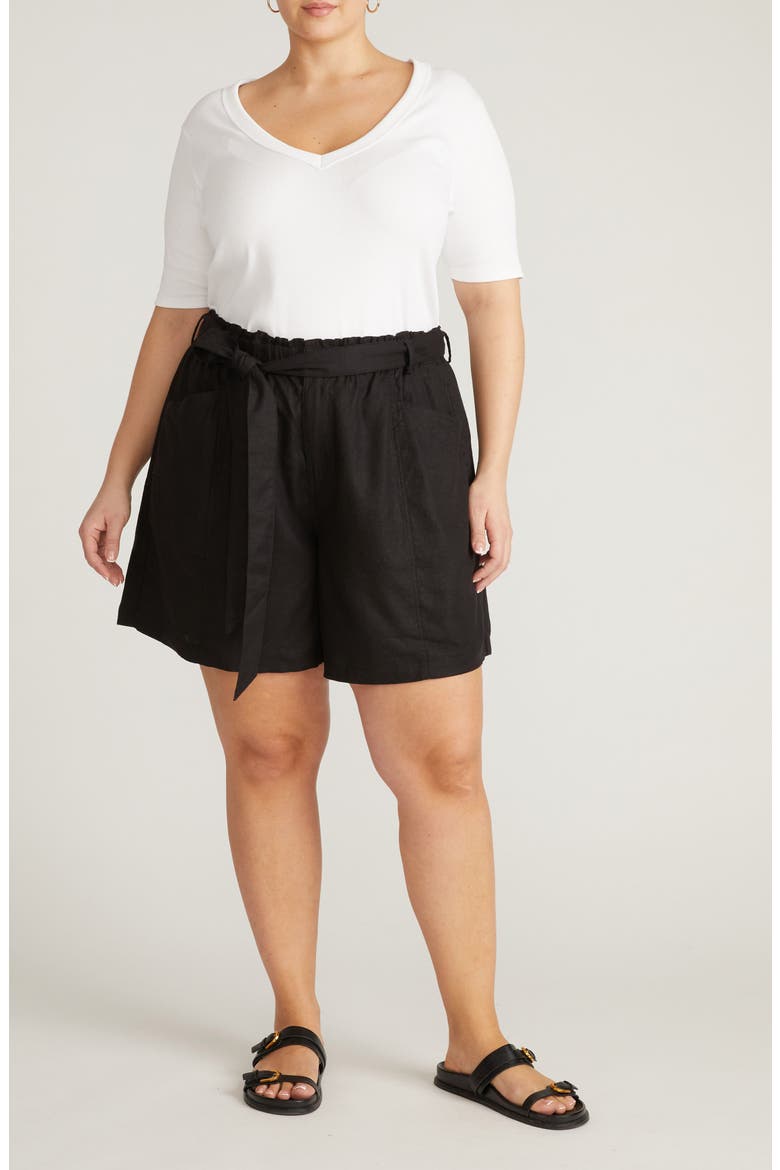 Harbor Stretch Linen Blend Paperbag Shorts, Alternate, color, BLACK