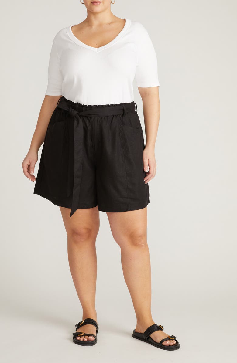 Universal Standard Harbor Stretch Linen Blend Paperbag Shorts, Alternate, color, Black