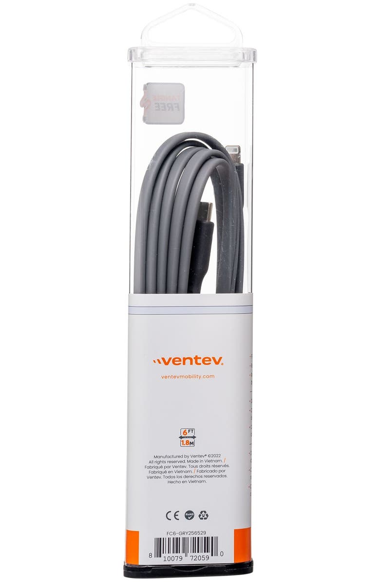 Ventev Flat USB-C to Apple Lightning High Speed Tangle-Free 6 Foot Cable, Alternate, color, Gray