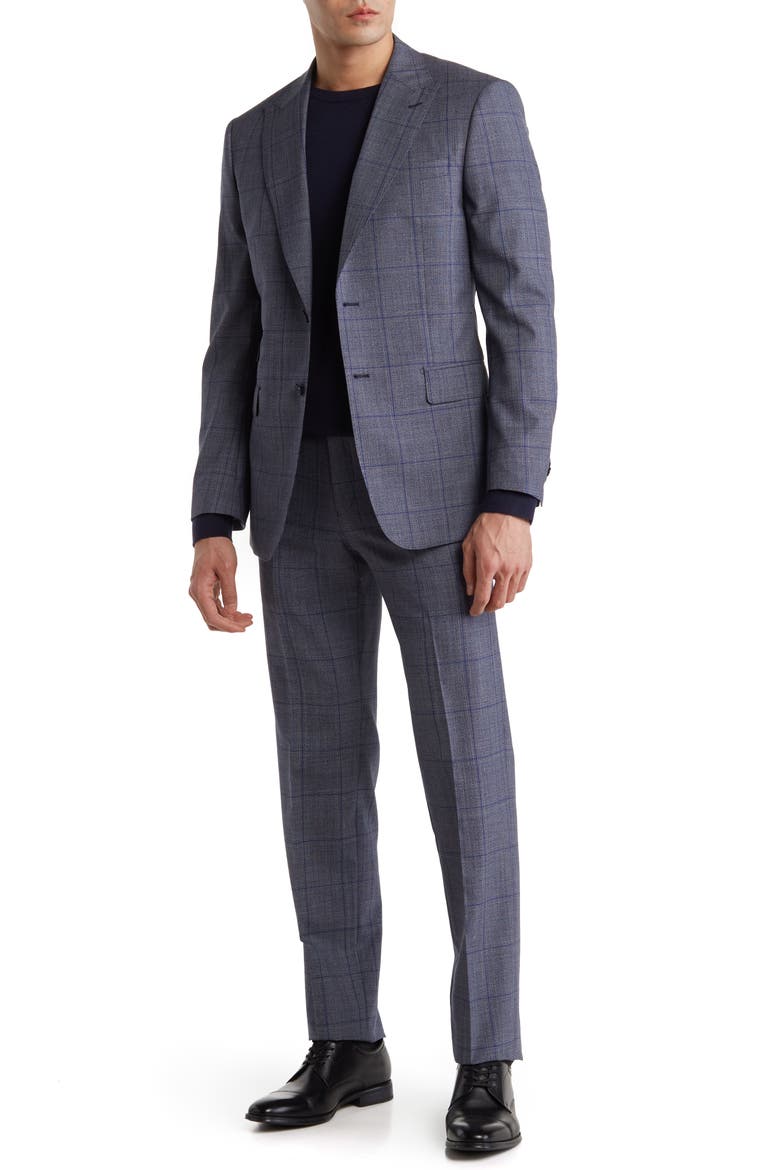 Plaid Two Button Peak Lapel Trim Fit Wool Blend Suit, Main, color, BLUE