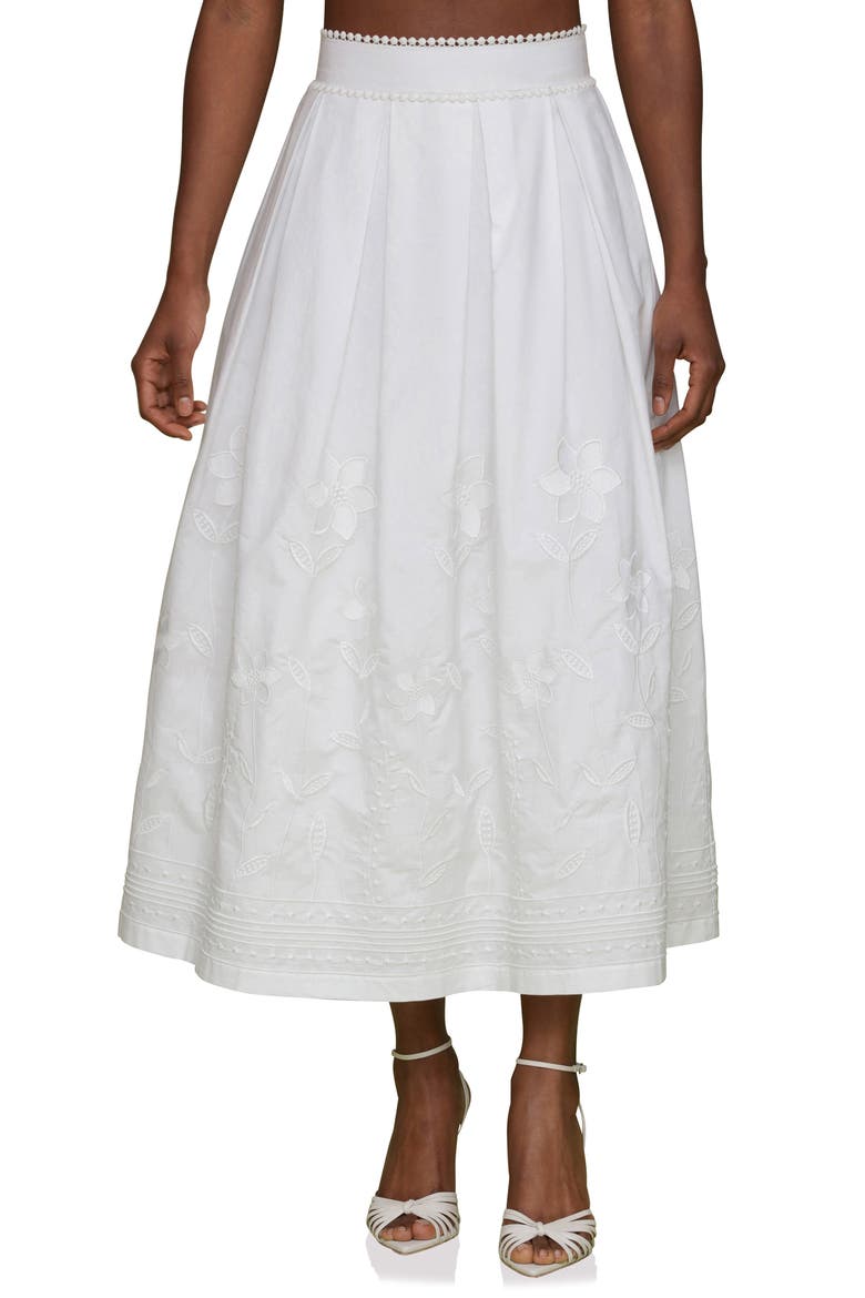 Floral Embroidered Pleated Cotton Midi Skirt, Main, color, WHITE