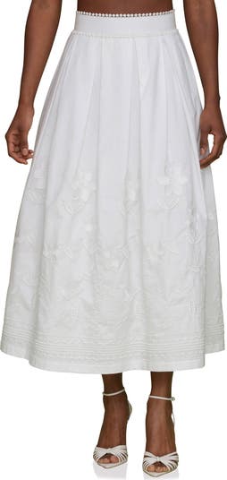 Floral Embroidered Pleated Cotton Midi Skirt