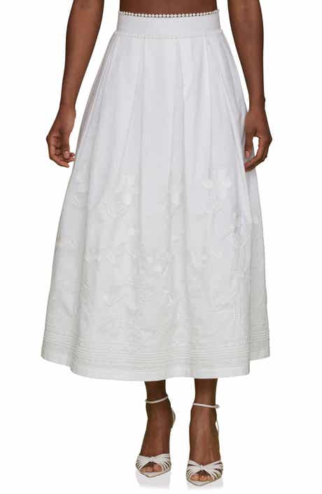 Avec Les Filles Floral Embroidered Pleated Cotton Midi Skirt