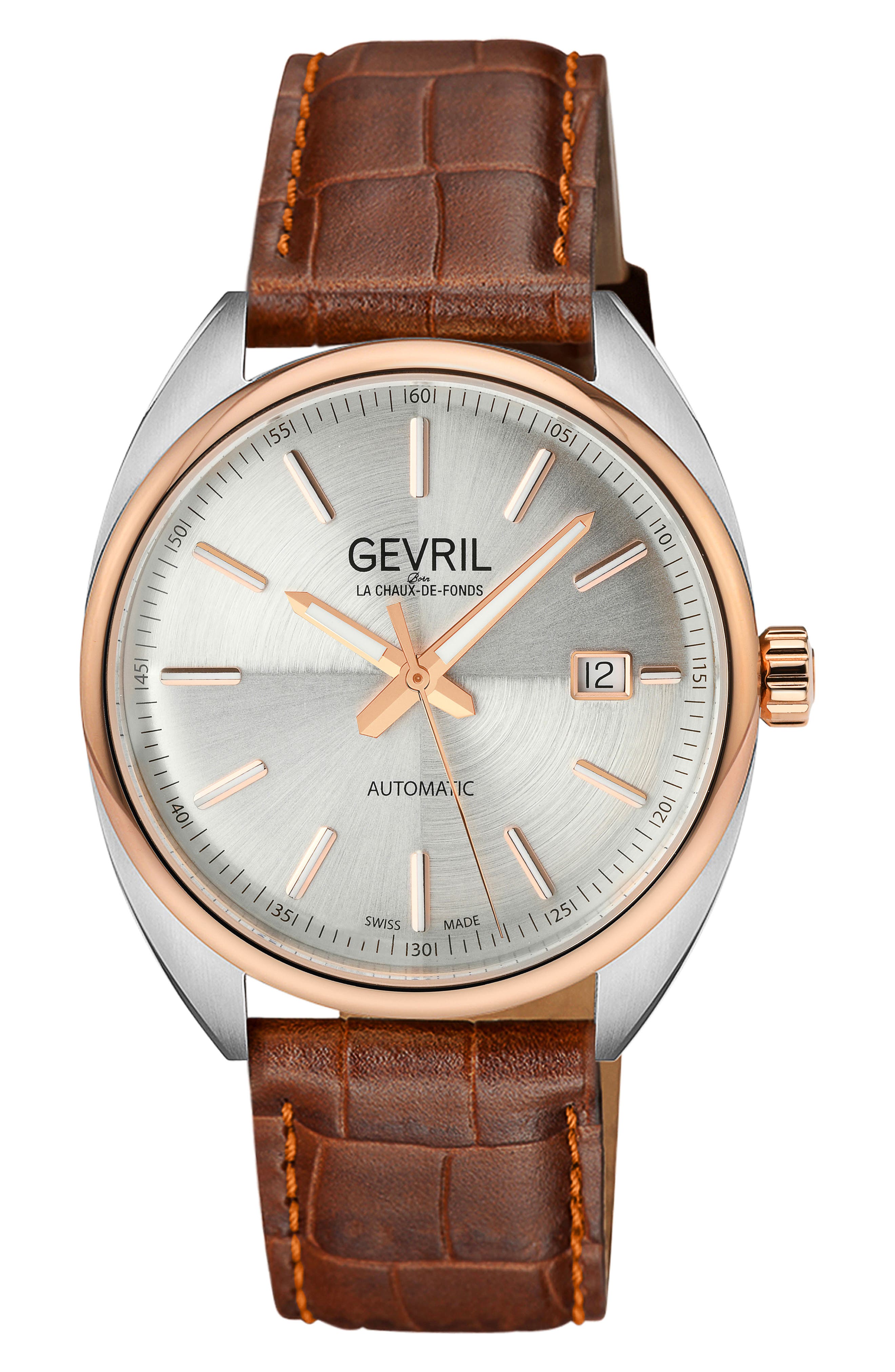 GEVRIL Five Points Croc Embossed Leather Strap Watch, 43mm