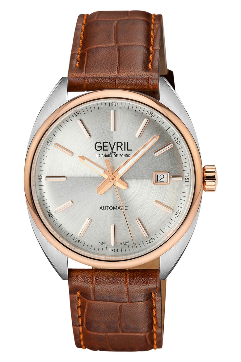 Five Points Croc Embossed Leather Strap Watch, 43mm, Main, color, BROWN