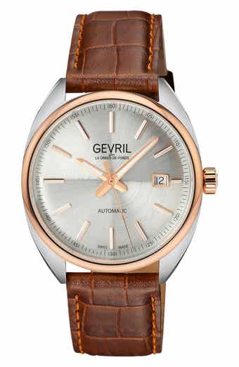 GEVRIL Five Points Croc Embossed Leather Strap Watch, 43mm