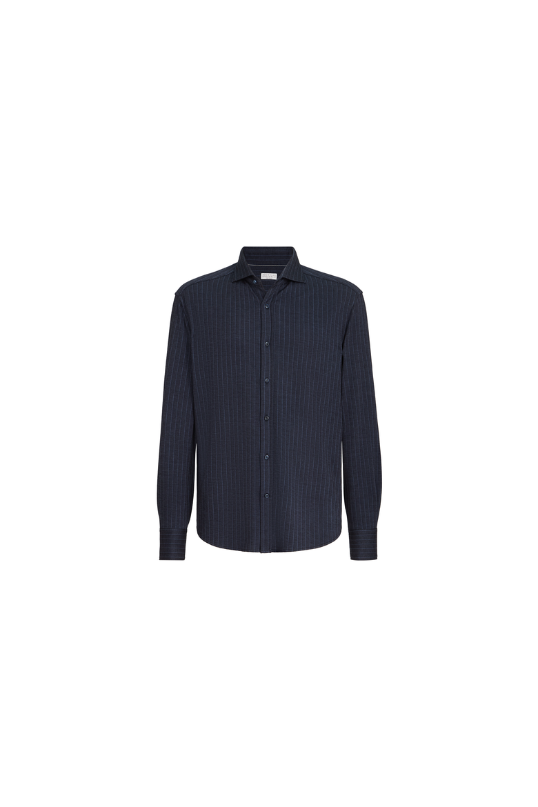 Virgin wool, silk and cotton chalk stripe piqué shirt with spead collar, Alternate, color, Blue