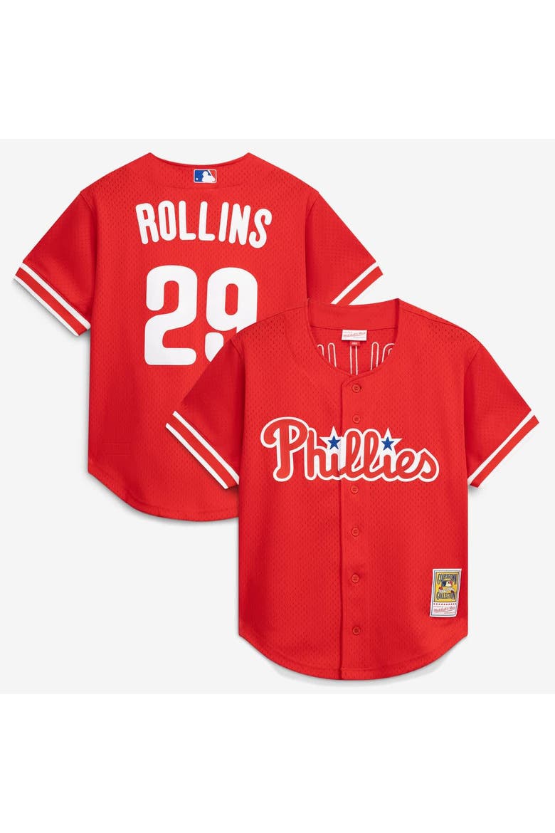 Men's Mitchell & Ness Jimmy Rollins Red Philadelphia Phillies Cooperstown Mesh Batting Practice Button-Up Jersey, Main, color, Red