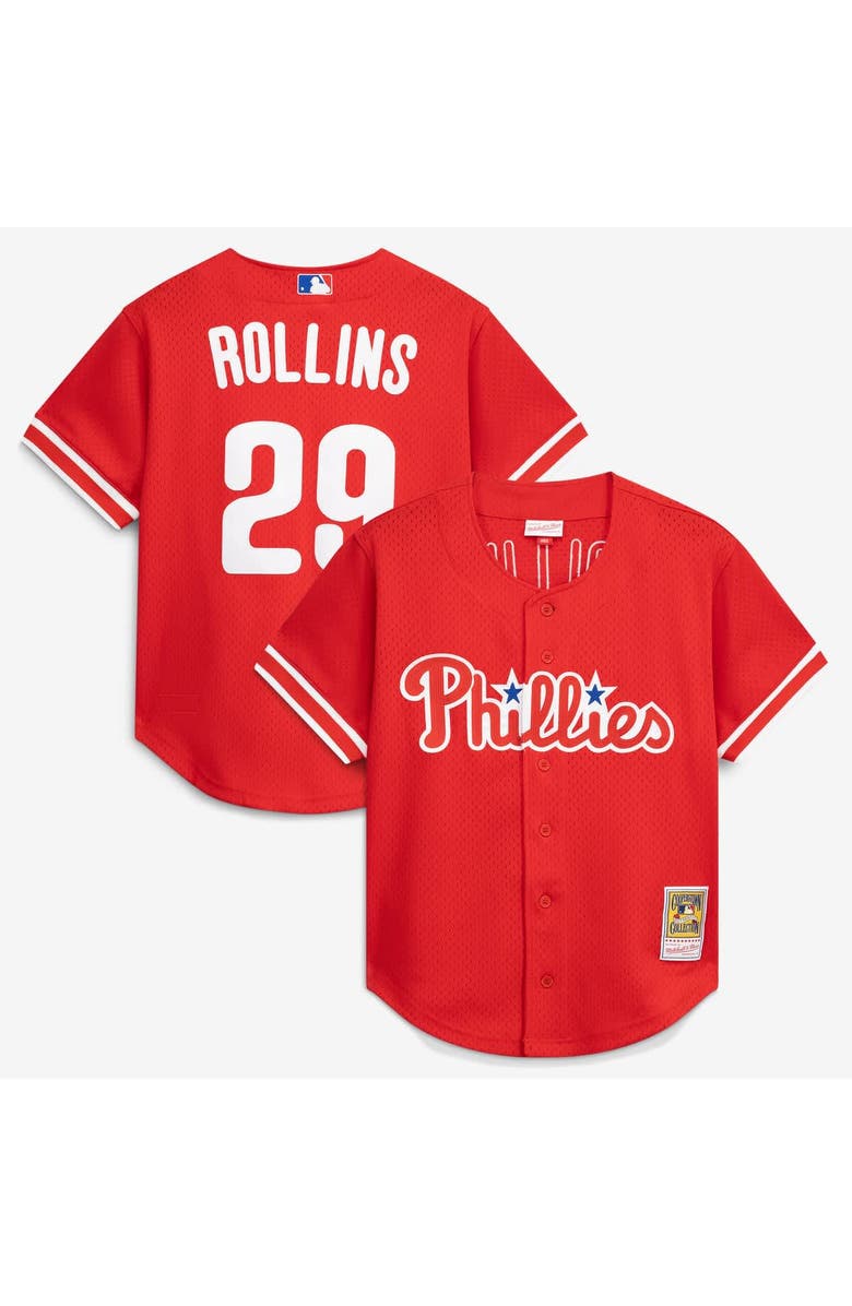 Mitchell & Ness Men's Mitchell & Ness Jimmy Rollins Red Philadelphia Phillies Cooperstown Mesh Batting Practice Button-Up Jersey, Main, color, Red