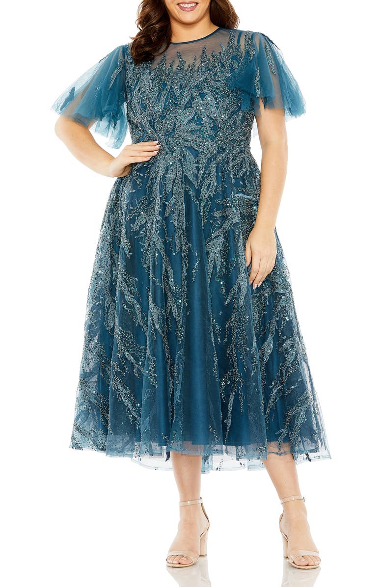 Mac Duggal High Neck Flutter Sleeve A Line Embellished Dress, Main, color, Ocean