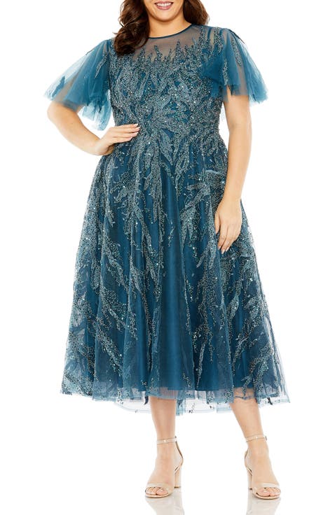 High Neck Flutter Sleeve A Line Embellished Dress