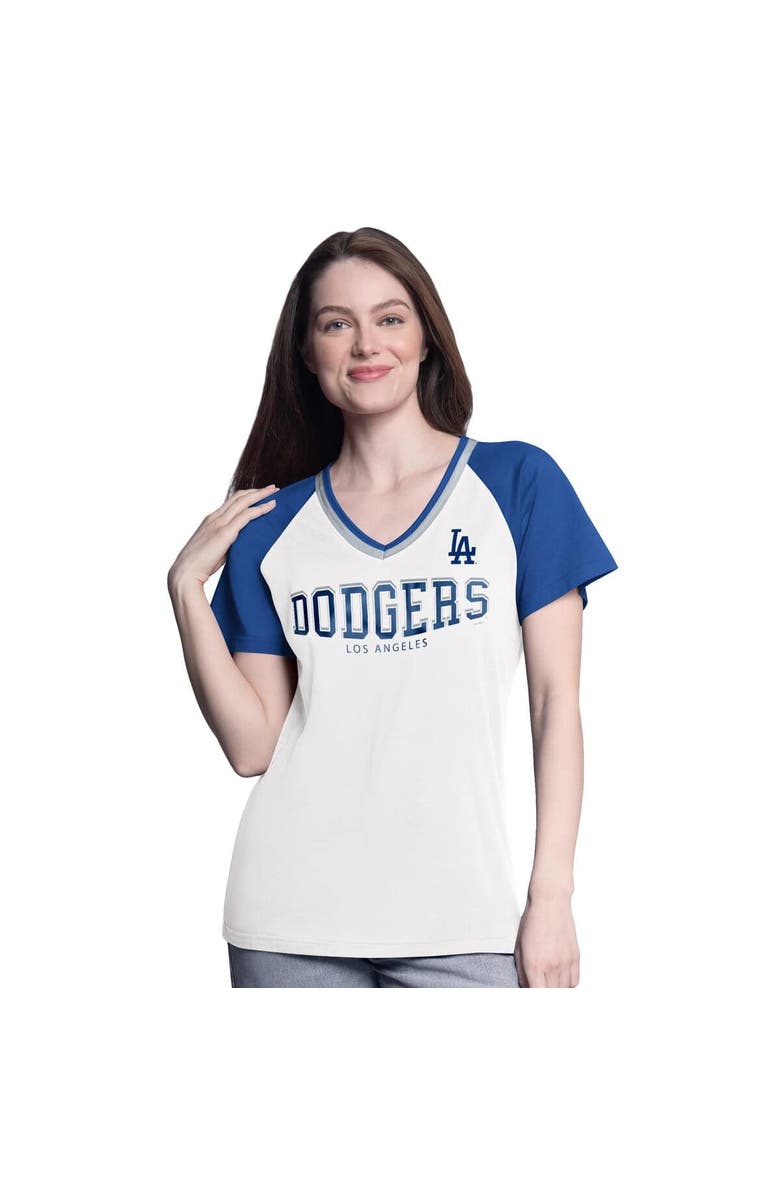 G-III 4HER BY CARL BANKS Women's G-III 4Her by Carl Banks  White/Royal Los Angeles Dodgers Ball Park Raglan V-Neck T-Shirt, Alternate, color, White