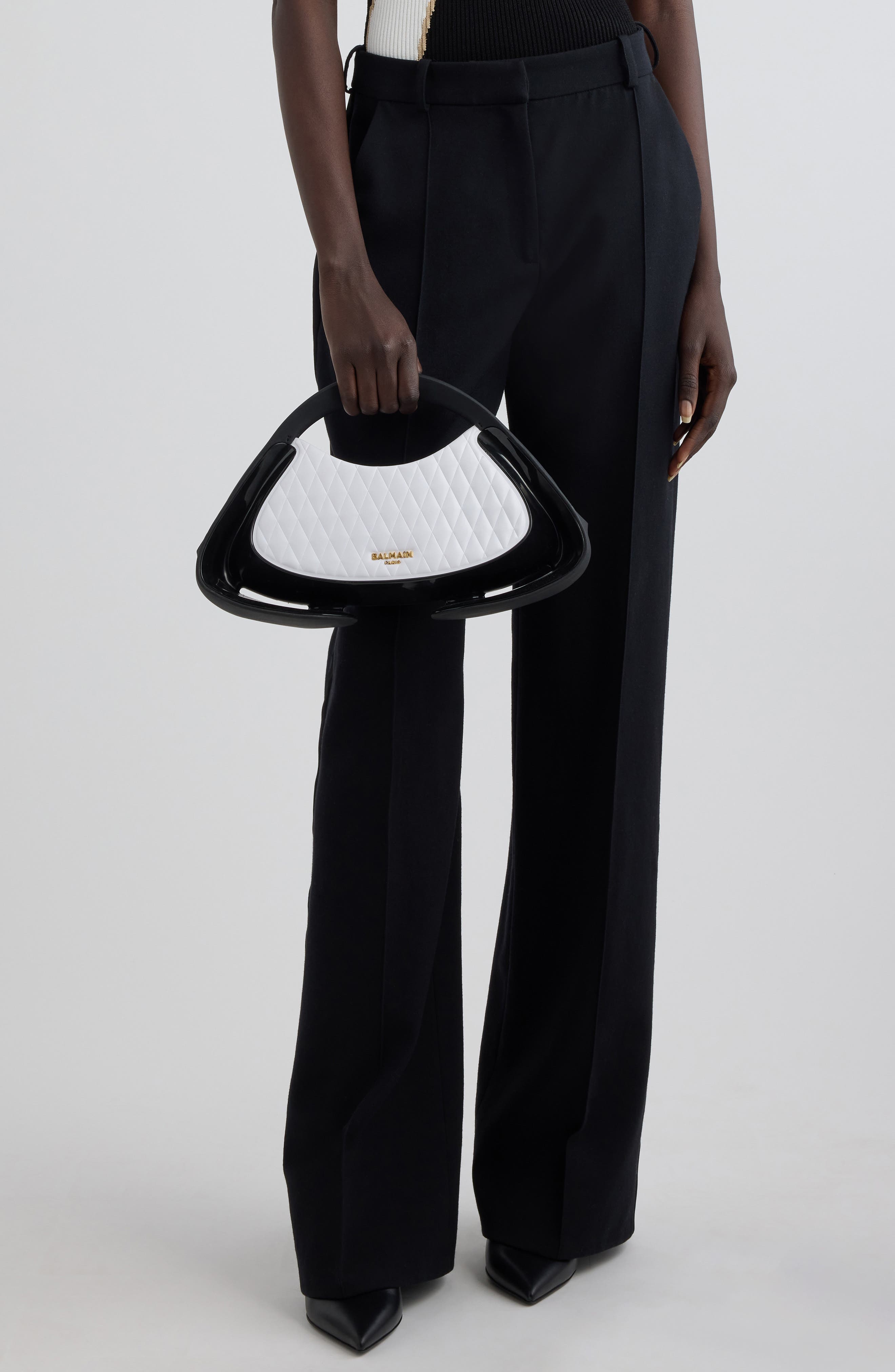 Balmain Medium Jolie Madame Quilted Faux Leather Top Handle Bag, Alternate, color, Gab White/Black